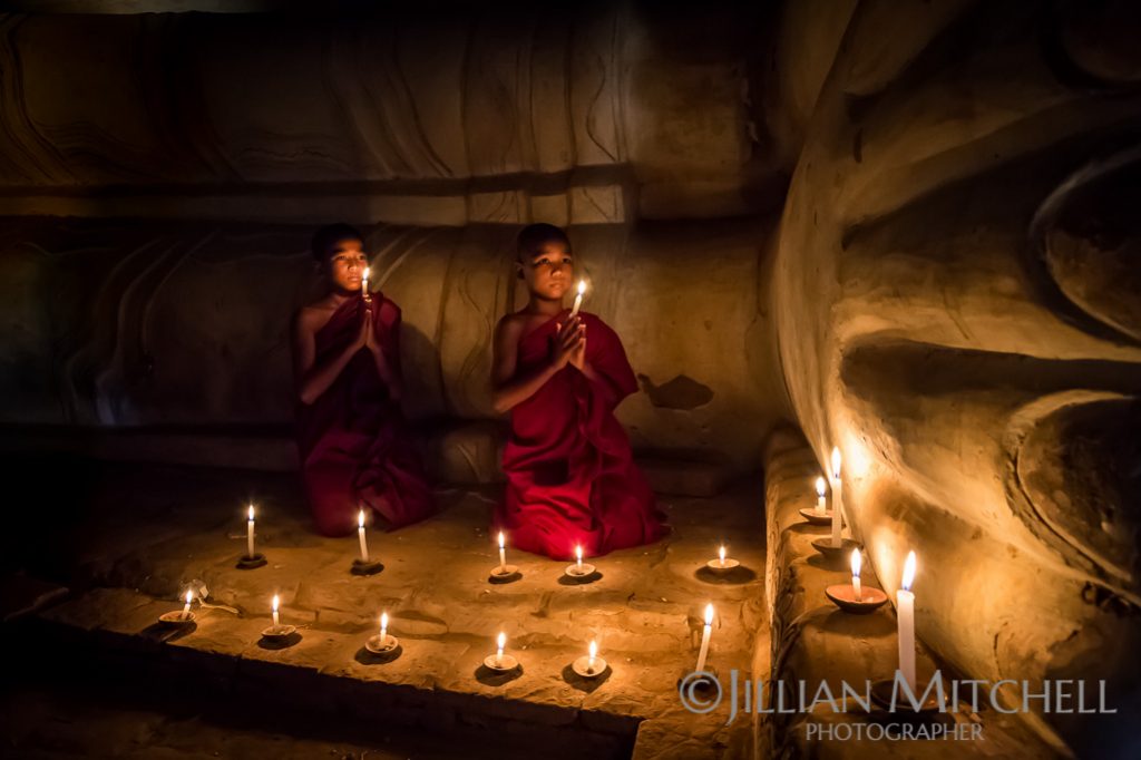 Young Monks pray in a temple in Old Bagan, Burma.