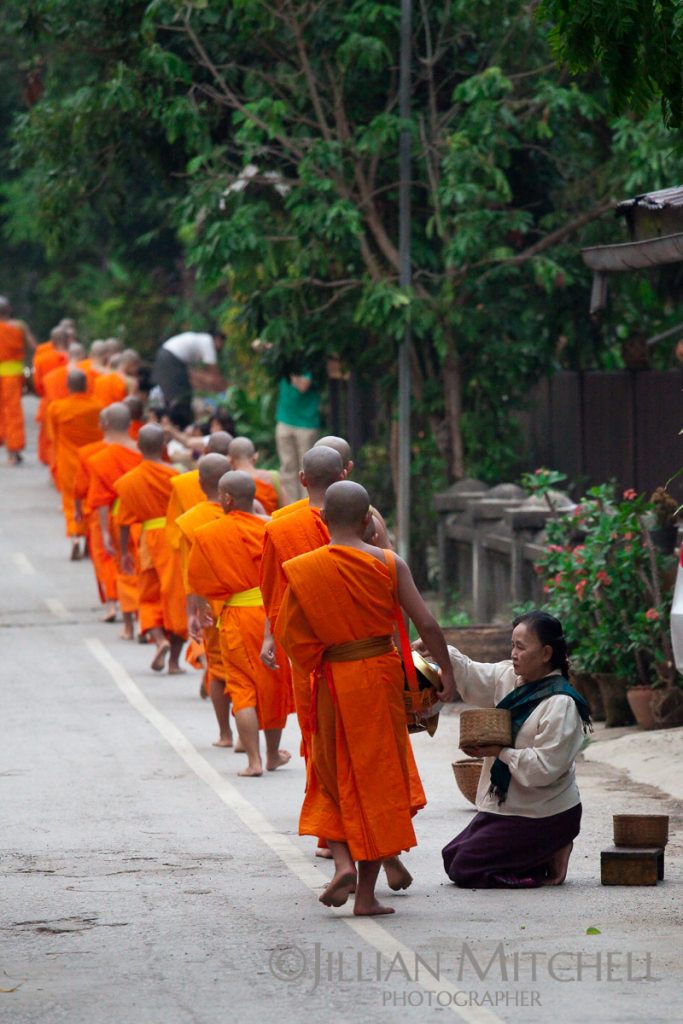 Each morning in Luang Prabang, Laos Buddhist monks carry out the morning alms procession.
