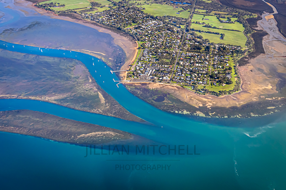 Low tide at Rhyll and the entrance to the Rhyll Wetlands, Phillip Island, Victoria, Australia.