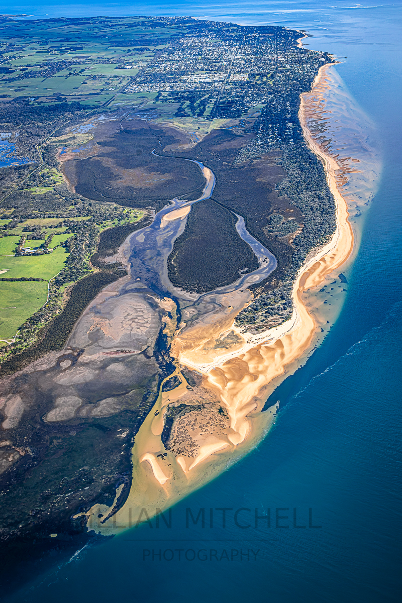 Stunning aerial view of Rhyll Inlet and Wetlands along the coast to Silverleaves, Cowes and Ventor on Phillip Island.