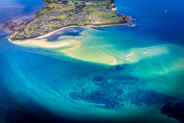 Spectacular views across the Narrows to San Remo, during a scenic flight around Phillip Island.