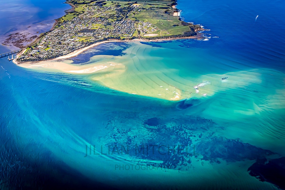 Spectacular views across the Narrows to San Remo, during a scenic flight around Phillip Island.